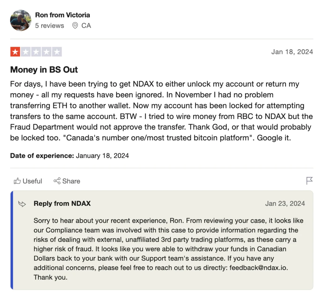 Bad review about NDAX crypto exchange on Trustpilot platform